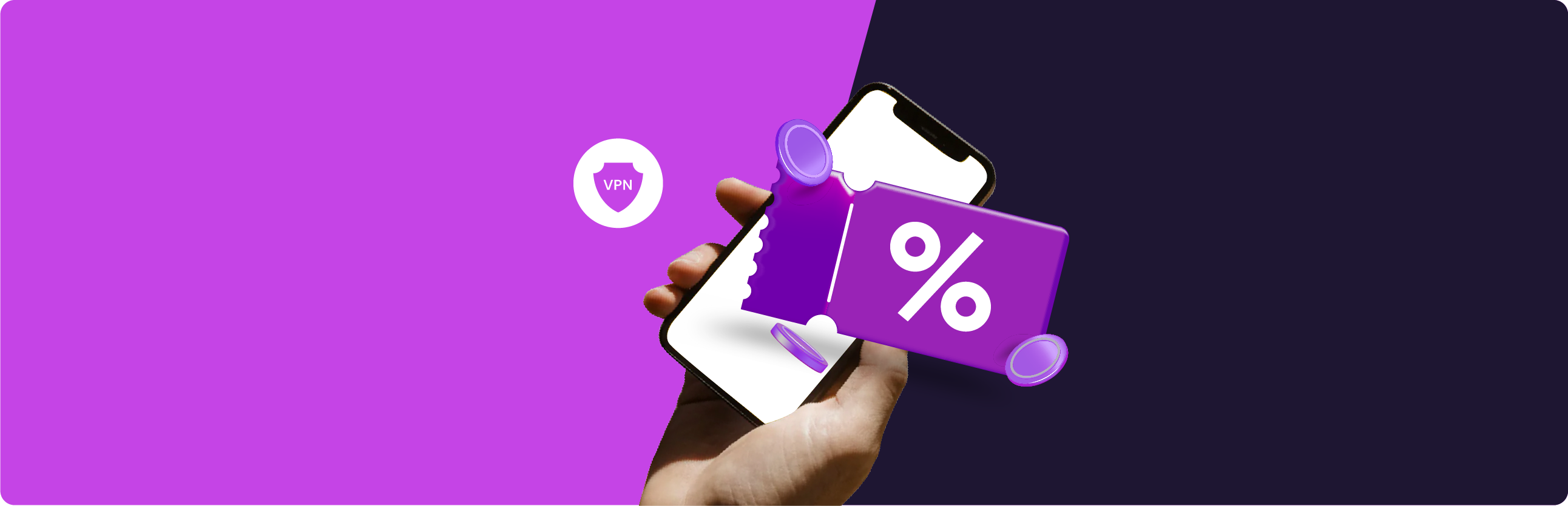 Smartphone displaying a VPN discount deal with percentage symbol, representing a limited-time VPN offer and secure online privacy savings.